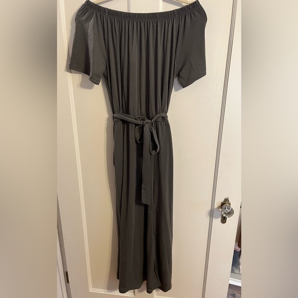 Off Shoulder Split Thigh Belted Dress Dark Grey Size L - Picture 3 of 7
